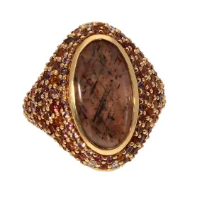 14K Yellow Gold Oval Sunstone with Garnet Yellow Sapphire and Diamond Accent Ring