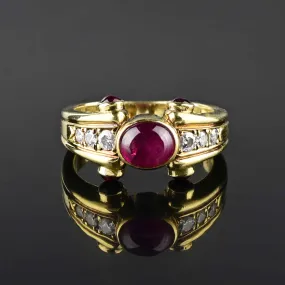 18K Gold Ruby Cabochon Diamond Band Ring