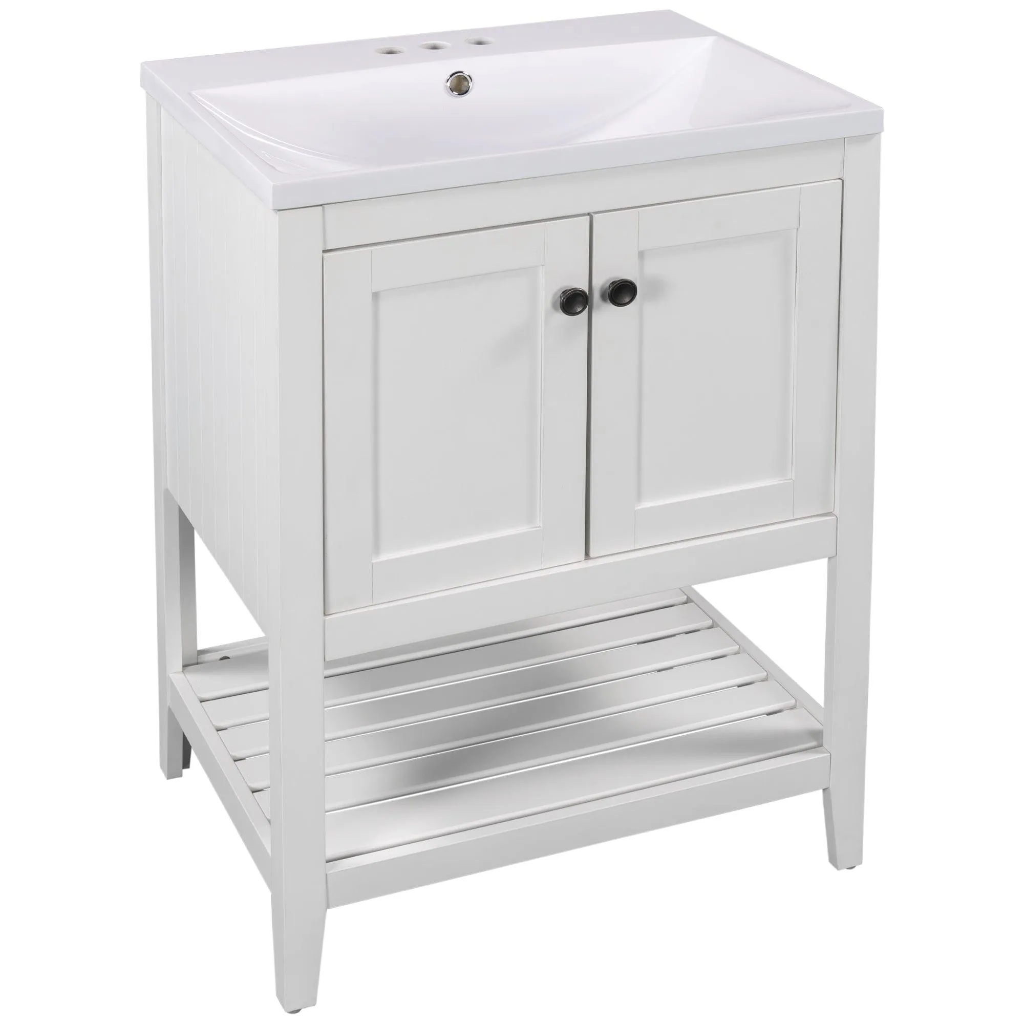 24" White Modern Bathroom Vanity, Sleek Ceramic Sink, Solid Wood Frame with Open Shelf