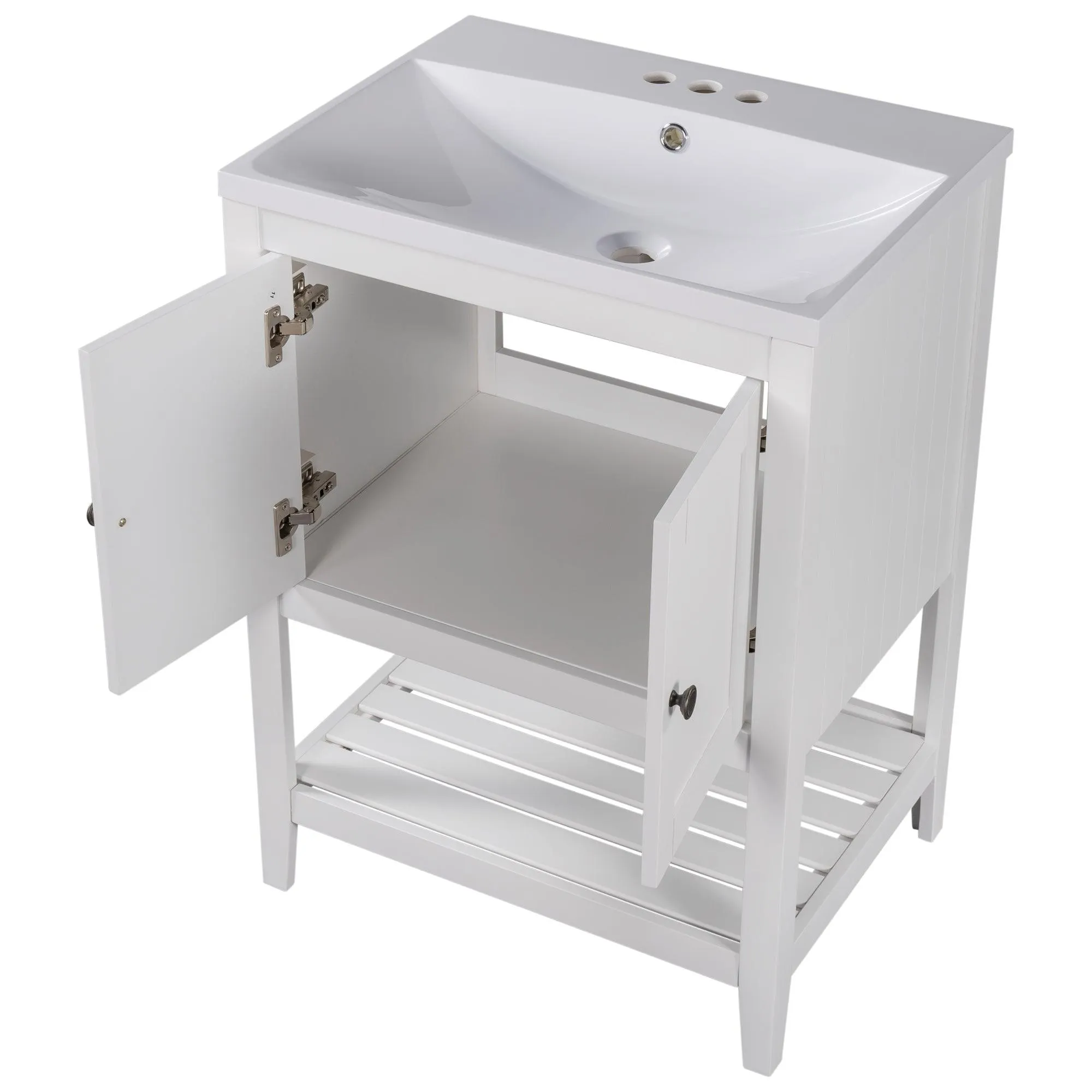 24" White Modern Bathroom Vanity, Sleek Ceramic Sink, Solid Wood Frame with Open Shelf