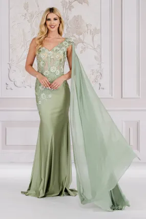 3D Floral One Shoulder Cape Gown by Amelia Couture 388 - Outlet