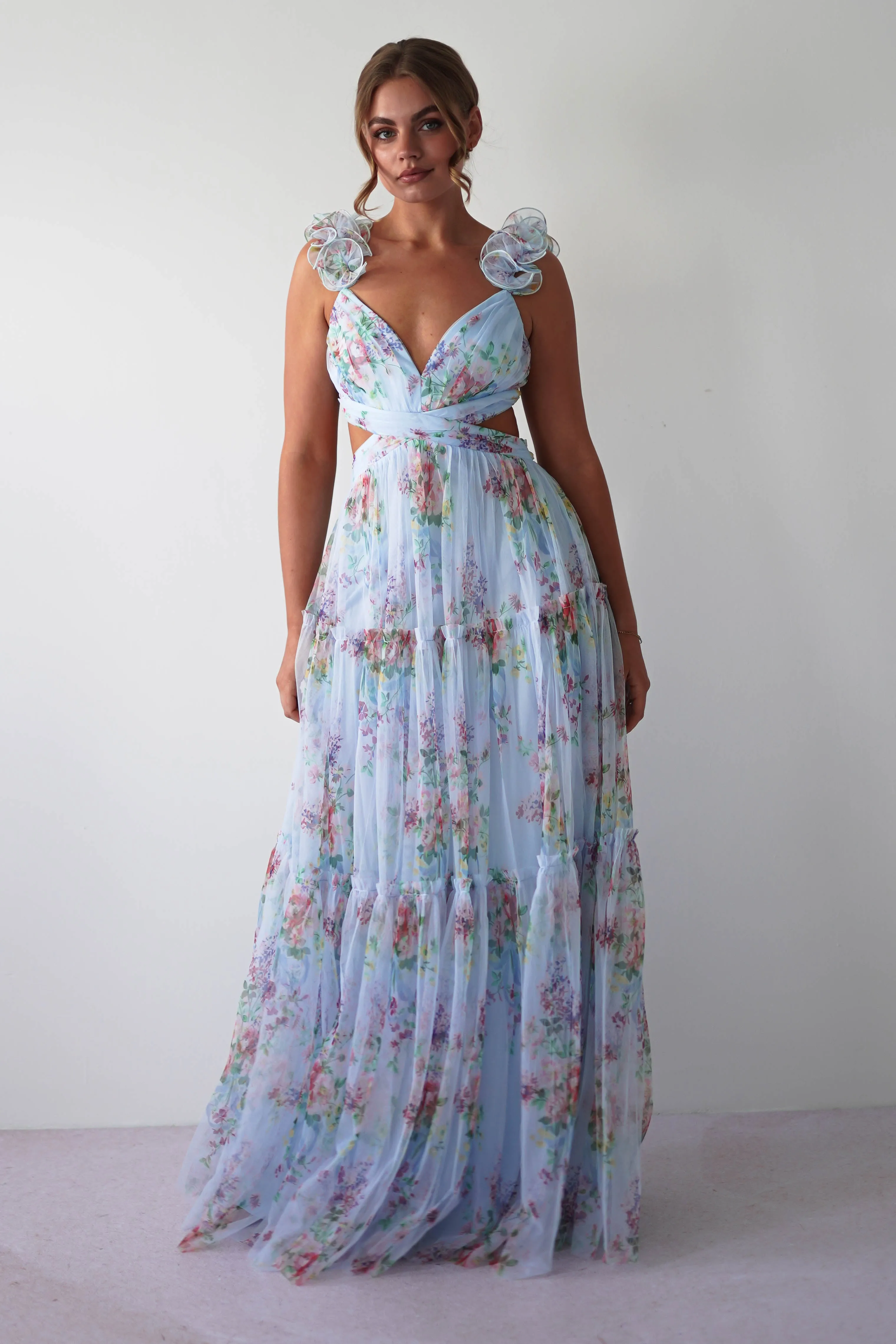 Alma Floral Print Tulle Maxi Dress | Blue