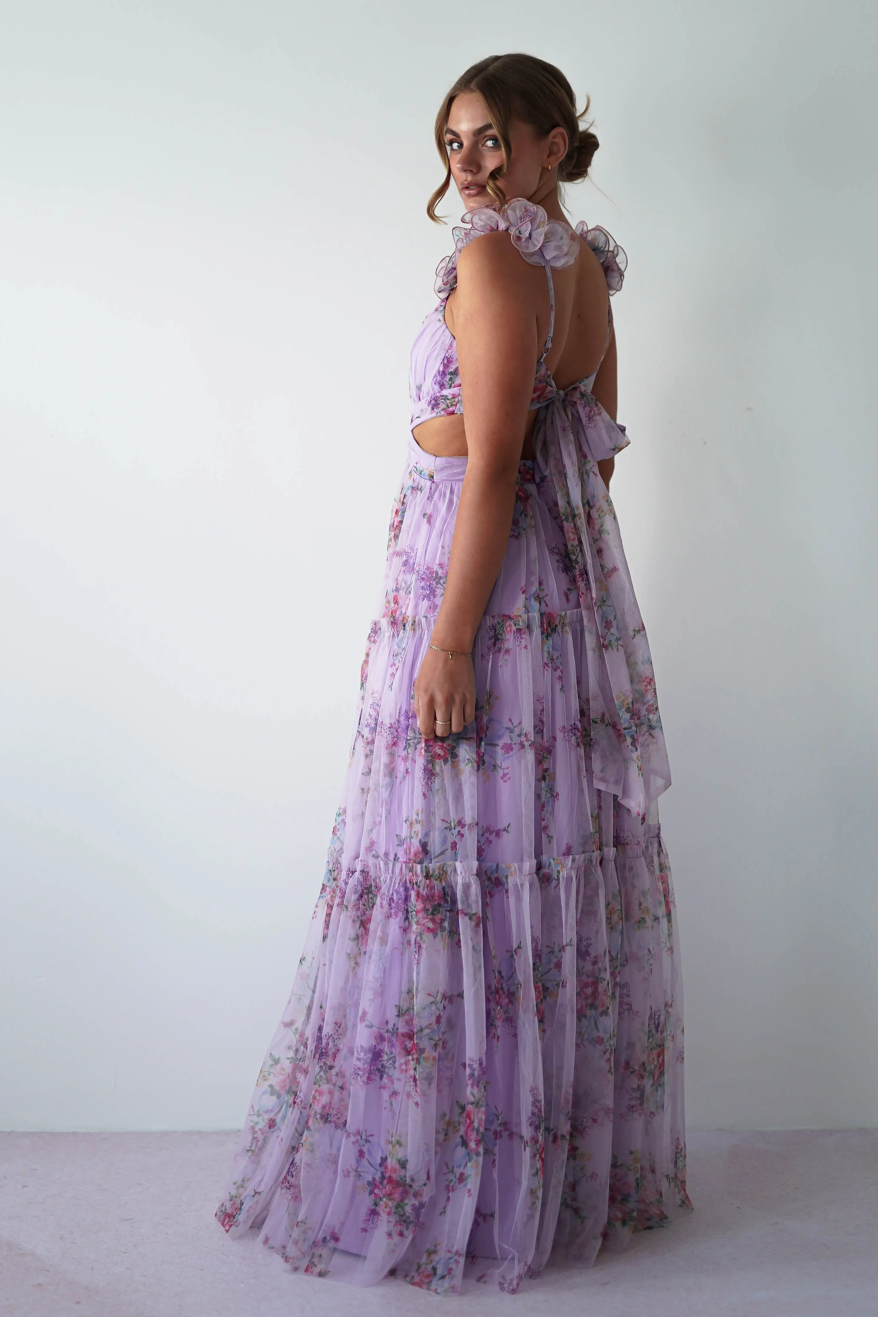 Alma Floral Print Tulle Maxi Dress | Lilac