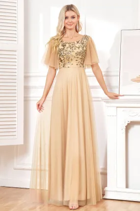 Bat Sleeves A Line Tulle Champagne Formal Dress with Sequins