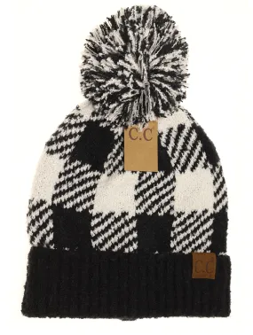 Buffalo Print Jacquard Knit Pom Beanie in Black   White