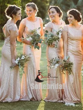 Cap Sleeves Lace Beaded Long Mermaid Sequin Bridesmaid Dresses, PD0910