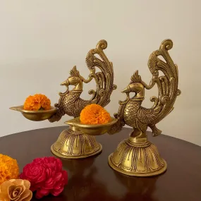 Dancing Peacock Diya (Set of 2) - Handmade Brass lamp -  Brass Diya For Pooja