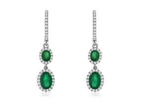 Emerald and Diamond Double Oval Design Dangle Earrings