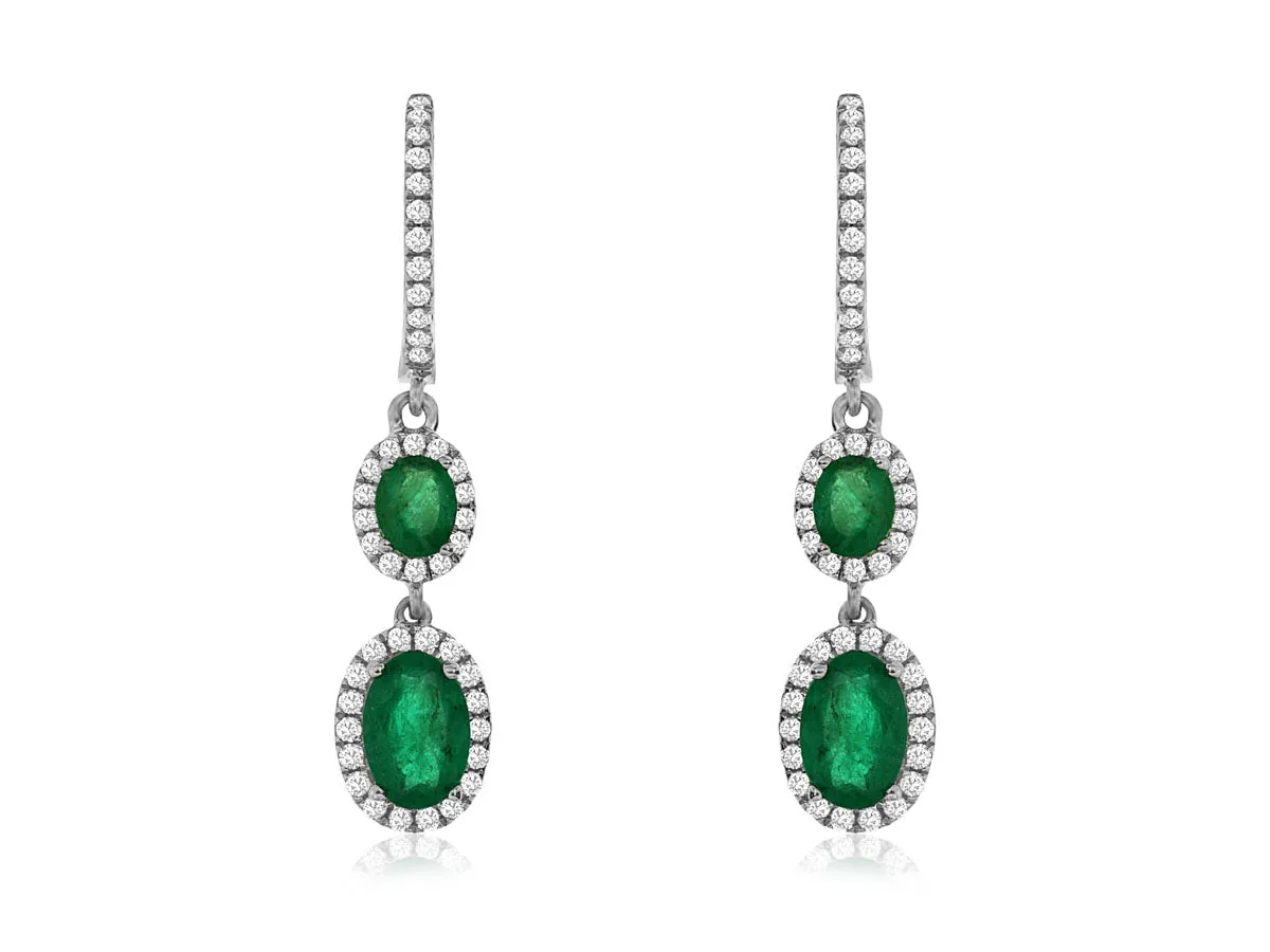 Emerald and Diamond Double Oval Design Dangle Earrings