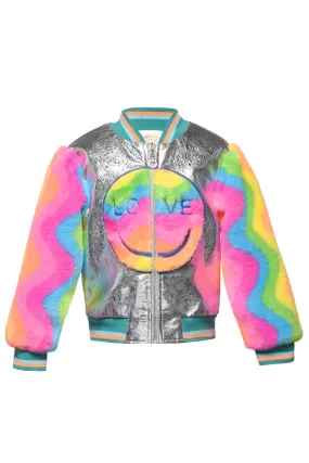 Girls Rainbow Faux Fur & Faux Leather Love Patch Detail Bomber Jacket