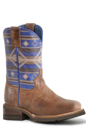 Girls Roper Waxy Tan Square Toe Boot w/ Purple Aztec Design