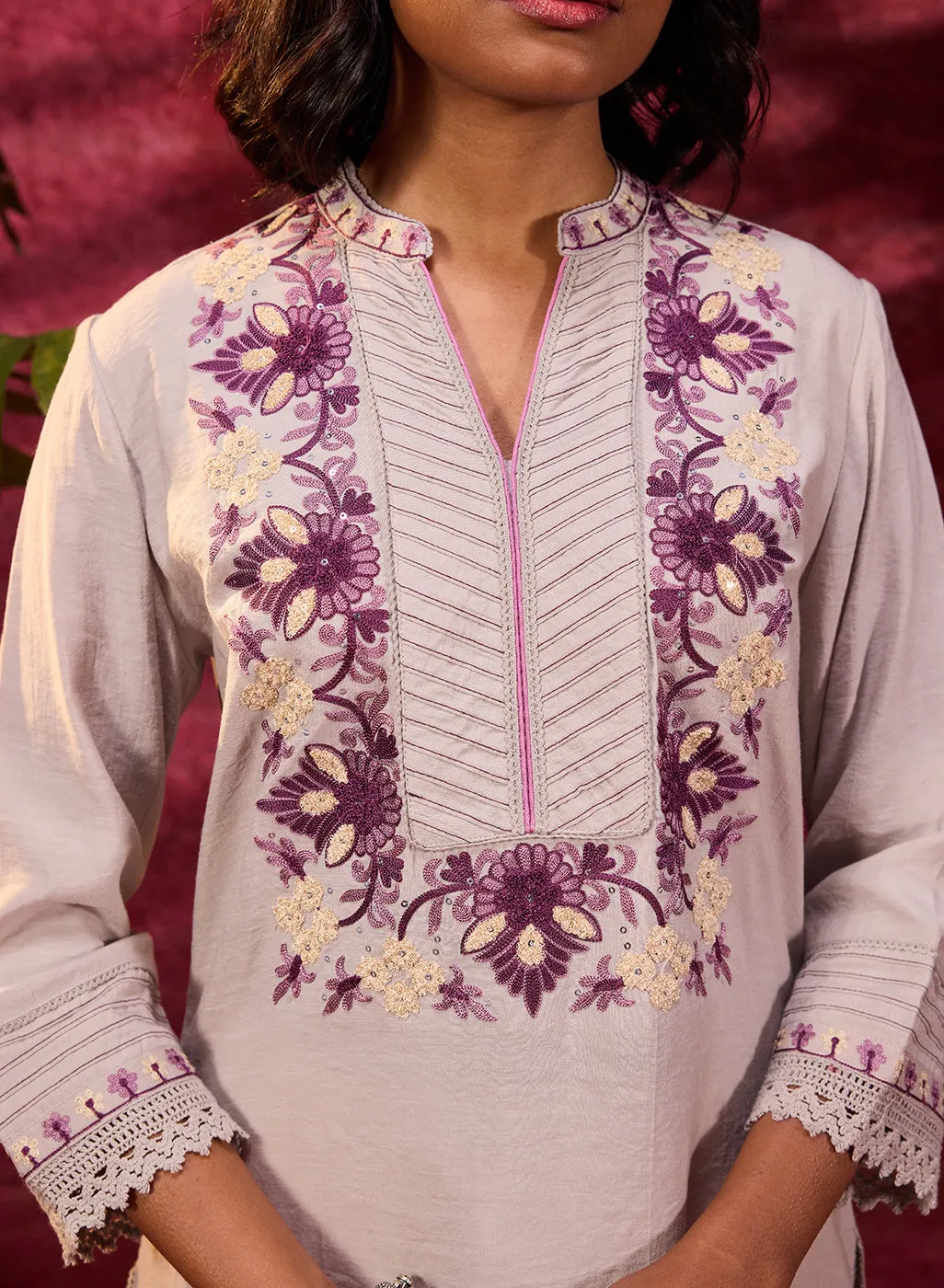 Gulbahar Mushroom Grey Embroidered Kurta for Women