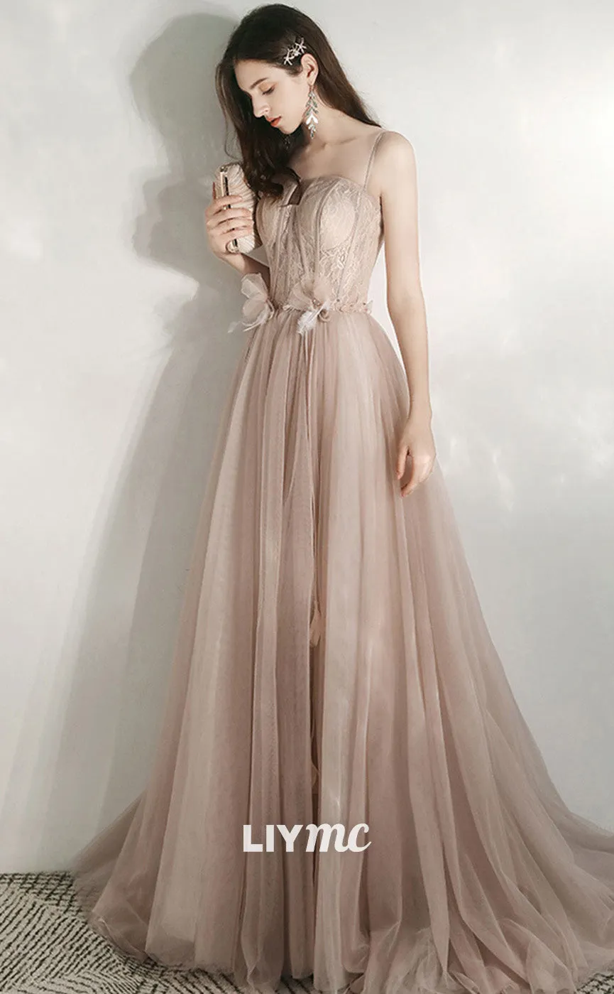 LP1884 - A-Line Tulle Lace Long Prom Dresses, Champagne Lace Formal Dress