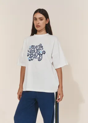 Oversized Swirly Move Your Body T-Shirt - White/Blues