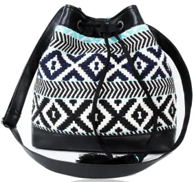 Women Black Aztec Jacquard Sling Bag With Drawstring Closure